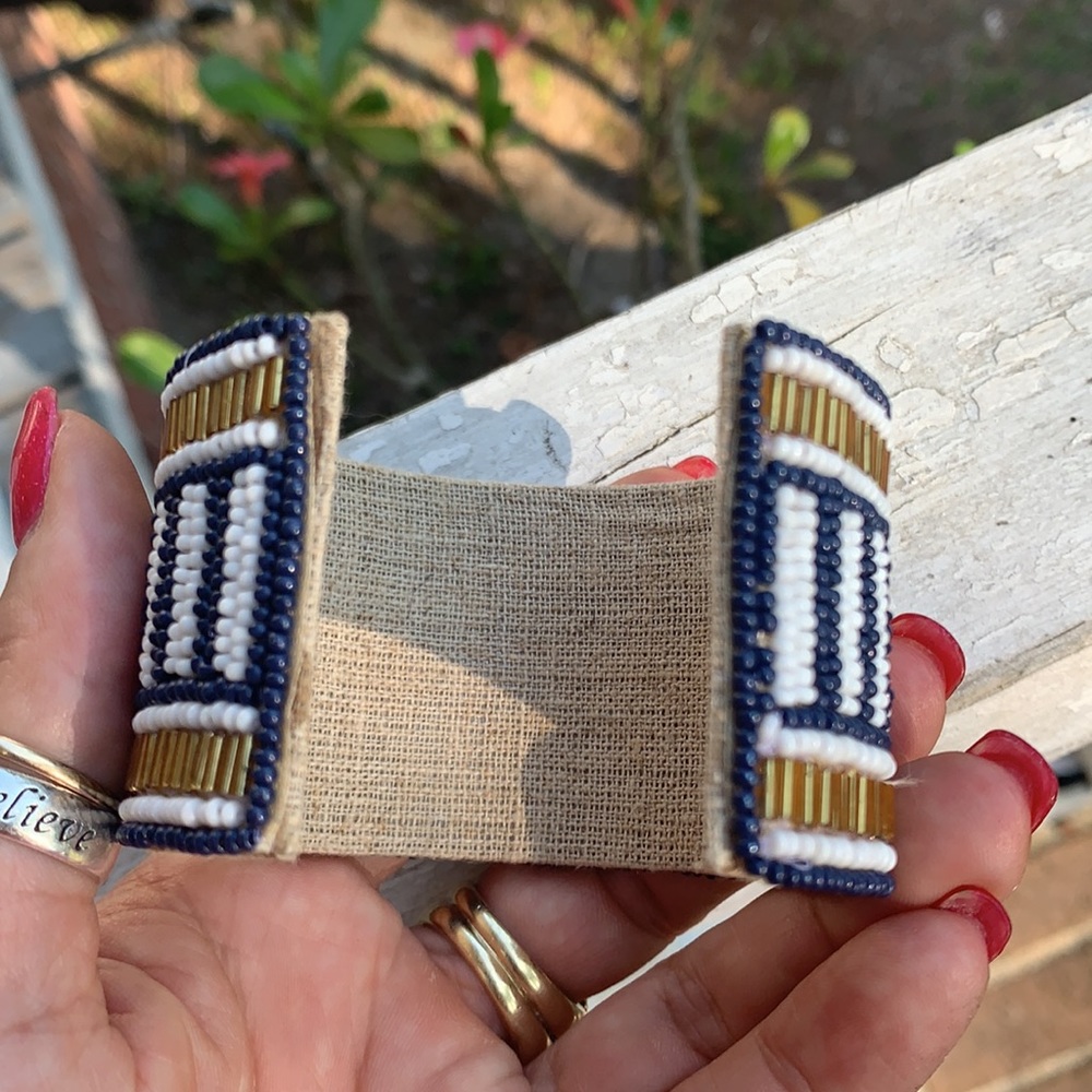 Blue & Gold Beaded Cloth & Metal Cuff Bracelet - Picture 13 of 17